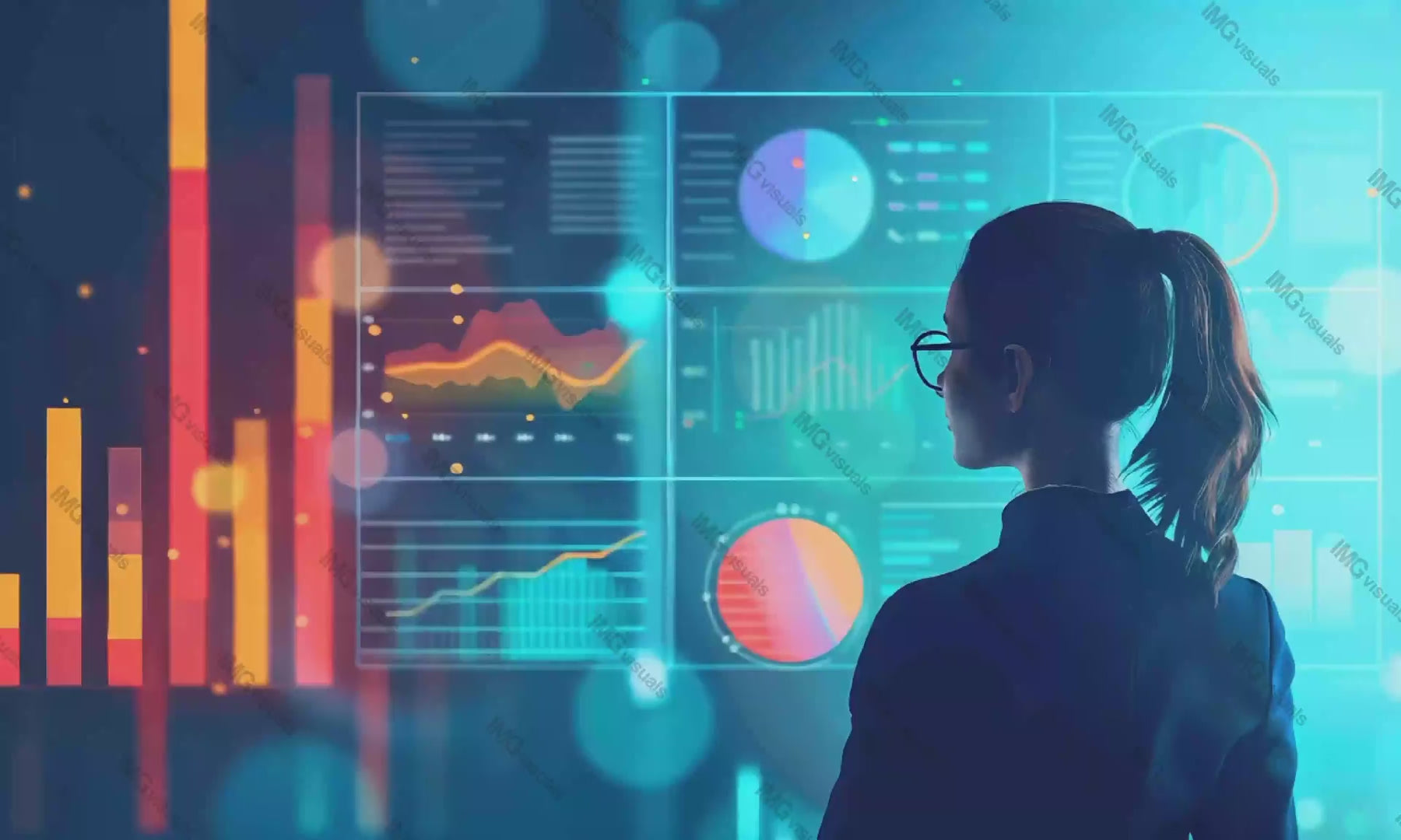 Glasses businesswoman analyzes data displayed on futuristic screen video animation, ai generated. Digital interface with graphs charts animated footage HD clip motion graphics. Visualization concept