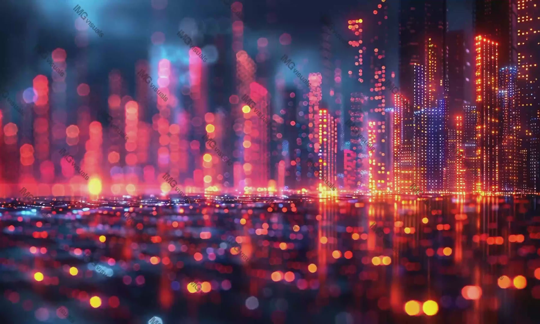 Futuristic cityscape with glowing red lights buildings video animation, ai generated. Abstract bokeh digital city animated footage HD clip seamless motion graphics. High-tech urban skyscrapers concept