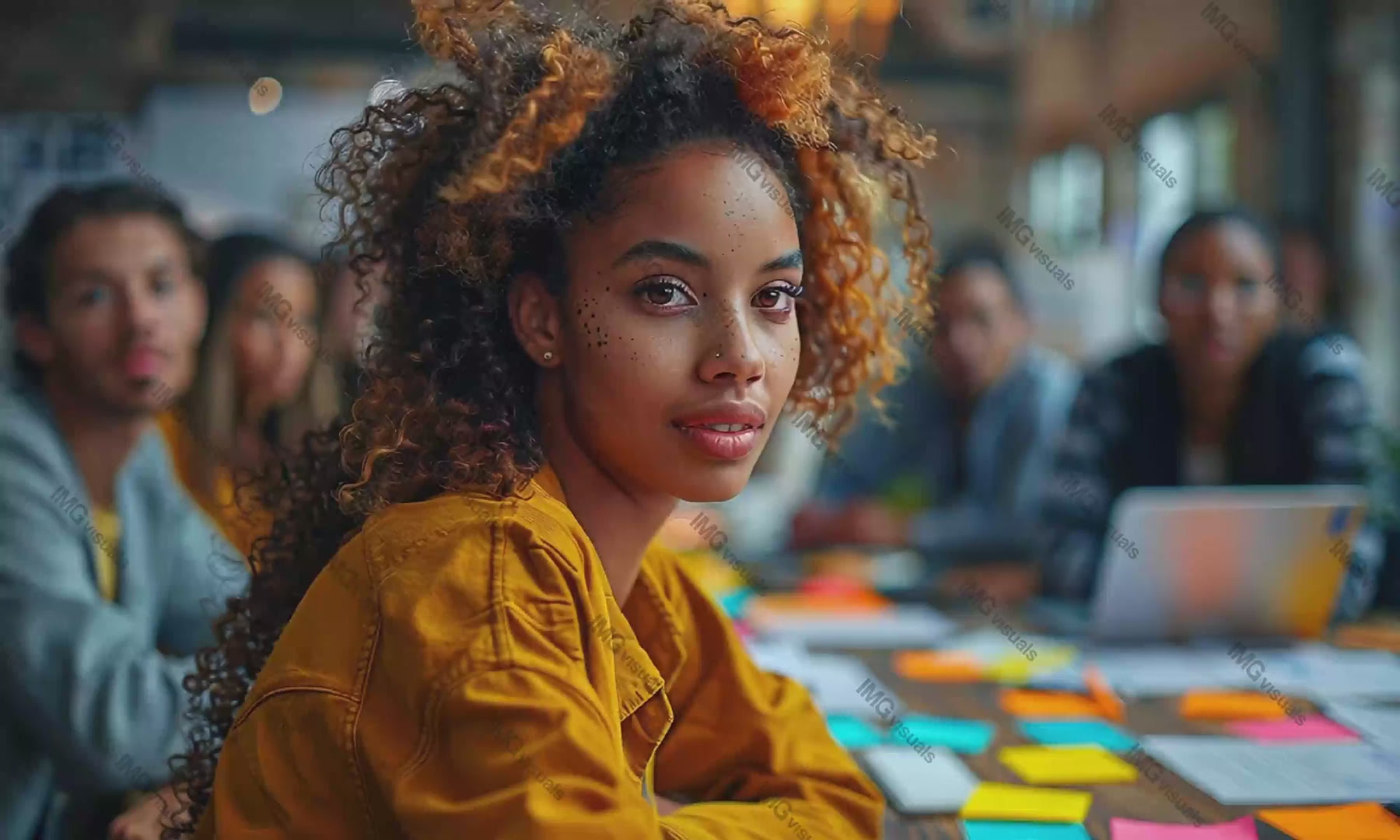 African american woman smiling at camera in collaborative workspace video animation, ai generated. Diverse positive work environment animated footage HD clip seamless motion graphics. Teamwork concept
