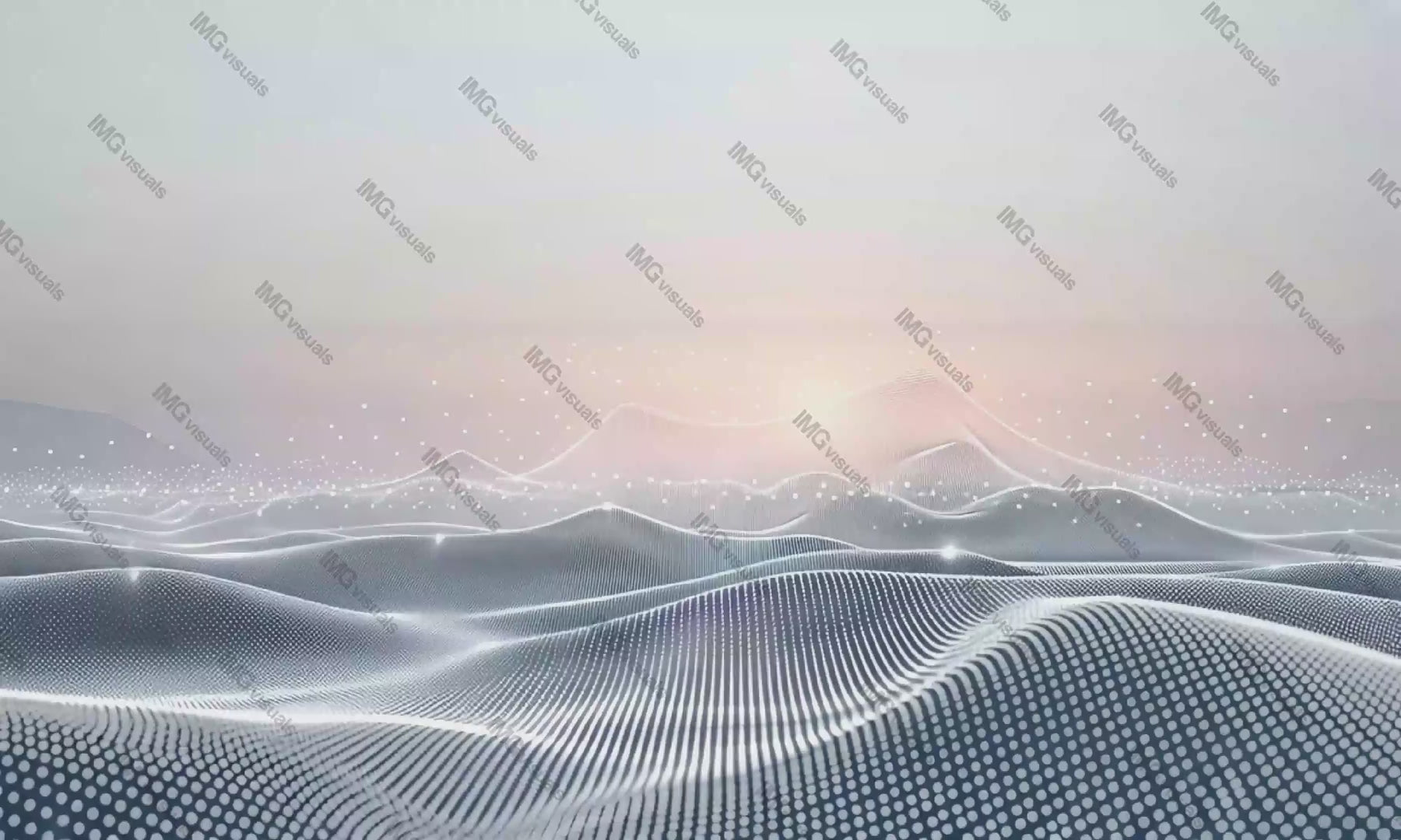 Serene digital landscape sunlit wireframe mesh video animation, ai generated. Rolling waves of grid in soft white hues animated footage HD clip seamless motion graphics. Data visualization concept