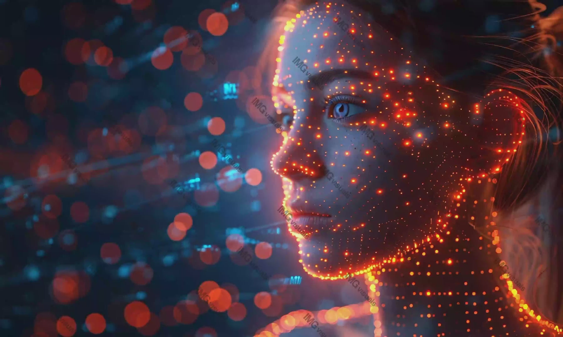 Digital representation woman face with glowing dots video animation, ai generated. Artificial intelligence and technology animated footage HD clip seamless motion graphics. Data visualization concept
