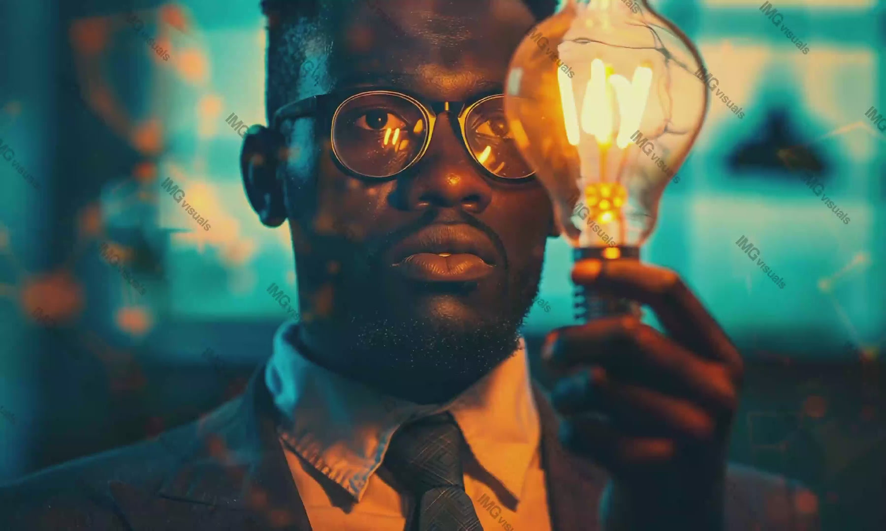 Black man wearing glasses and suit, holding lightbulb video animation, ai generated. African american male financier animated footage HD clip seamless motion graphics. Insight representation concept