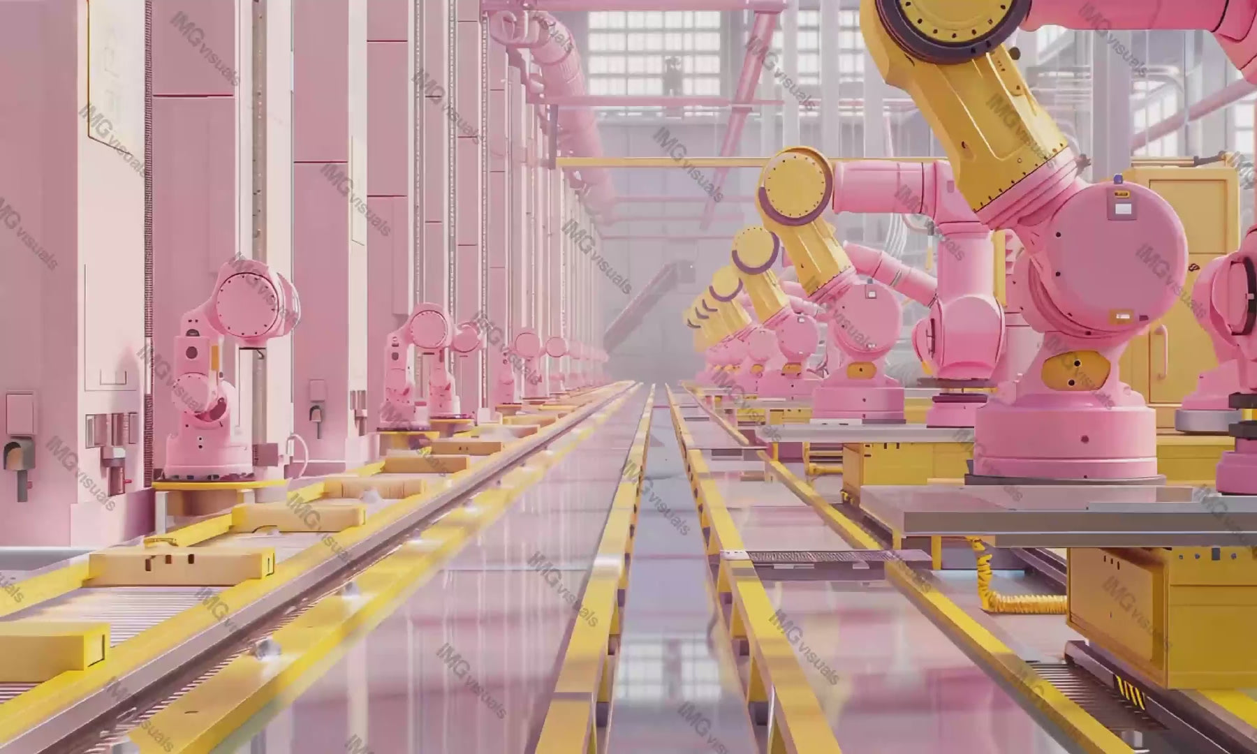 Modern manufacturing video animation, ai generated. Vibrant yellow and pink robotic arms animated footage HD clip seamless motion graphics. Automated production robotics. Industry 4 0 concept