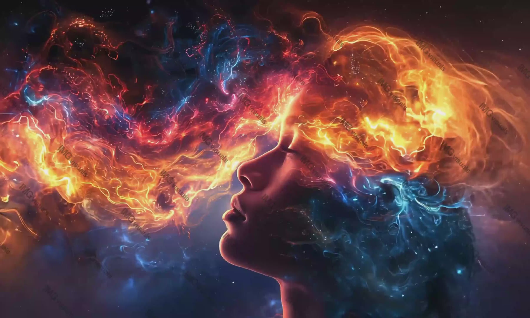 Closed eyes woman surrounded by vibrant fiery cosmos video animation, ai generated. Abstract colorful swirls around female head animated footage HD clip motion graphics. Human thought universe concept