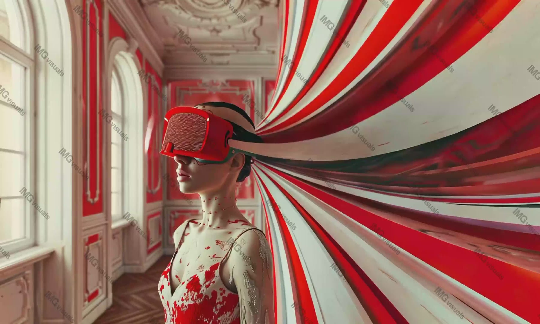 Surreal fashion portrait of woman wearing virtual reality headset video animation, ai generated. Red white stripes behind female animated footage HD clip. Immersive experience futuristic concept