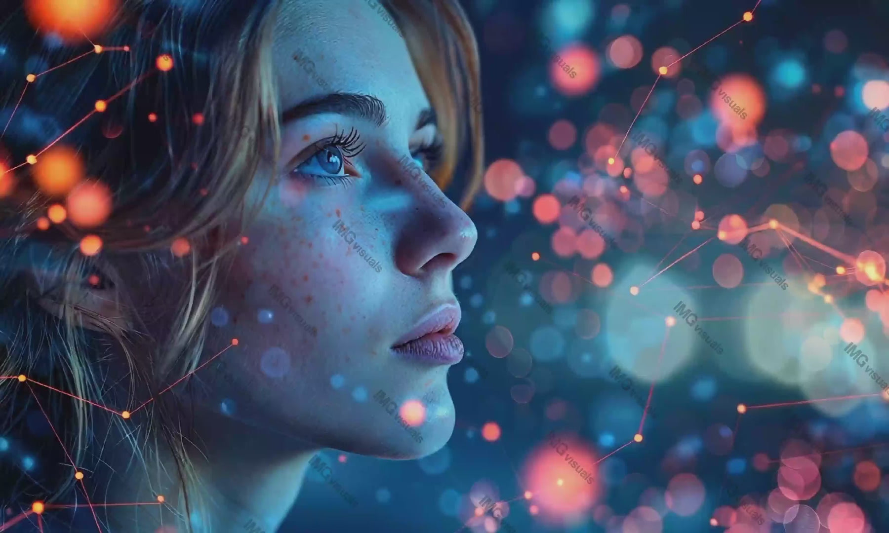 Smiling woman with freckles and bokeh light connected video animation, ai generated. Human digital world. Abstract connections animated footage HD clip seamless motion graphics. Visualization concept