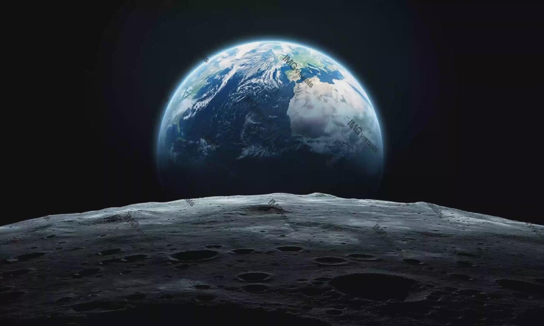 Earth rising above Moon cratered surface bathed in radiant light video animation, ai generated. Stunning earthrise lunar terrain animated footage HD clip seamless motion graphics. Outerspace concept
