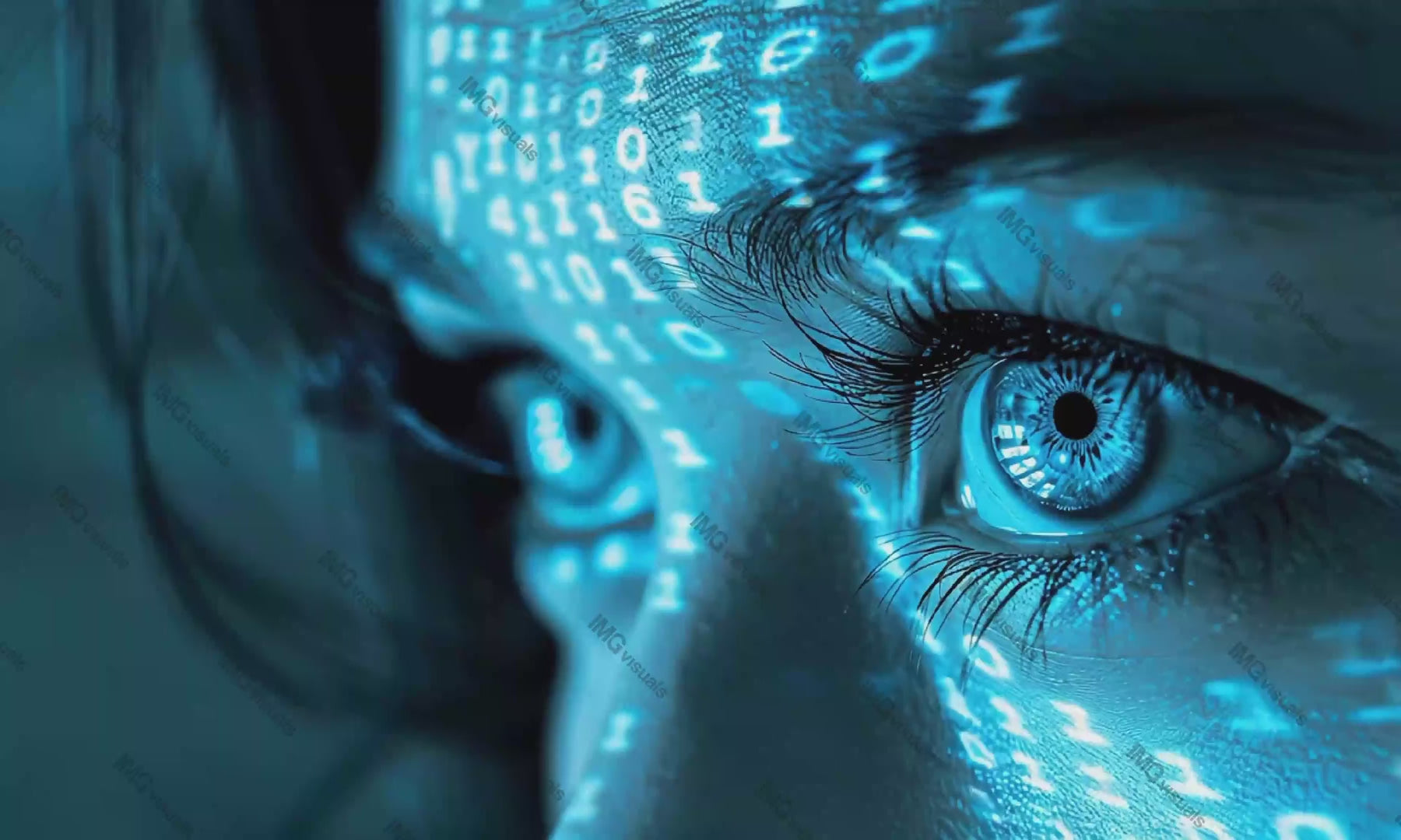 Female eyes illuminated with binary code projections video animation, ai generated. Woman blue eyes animated footage HD clip seamless motion graphics. Advanced technology. Data visualization concept