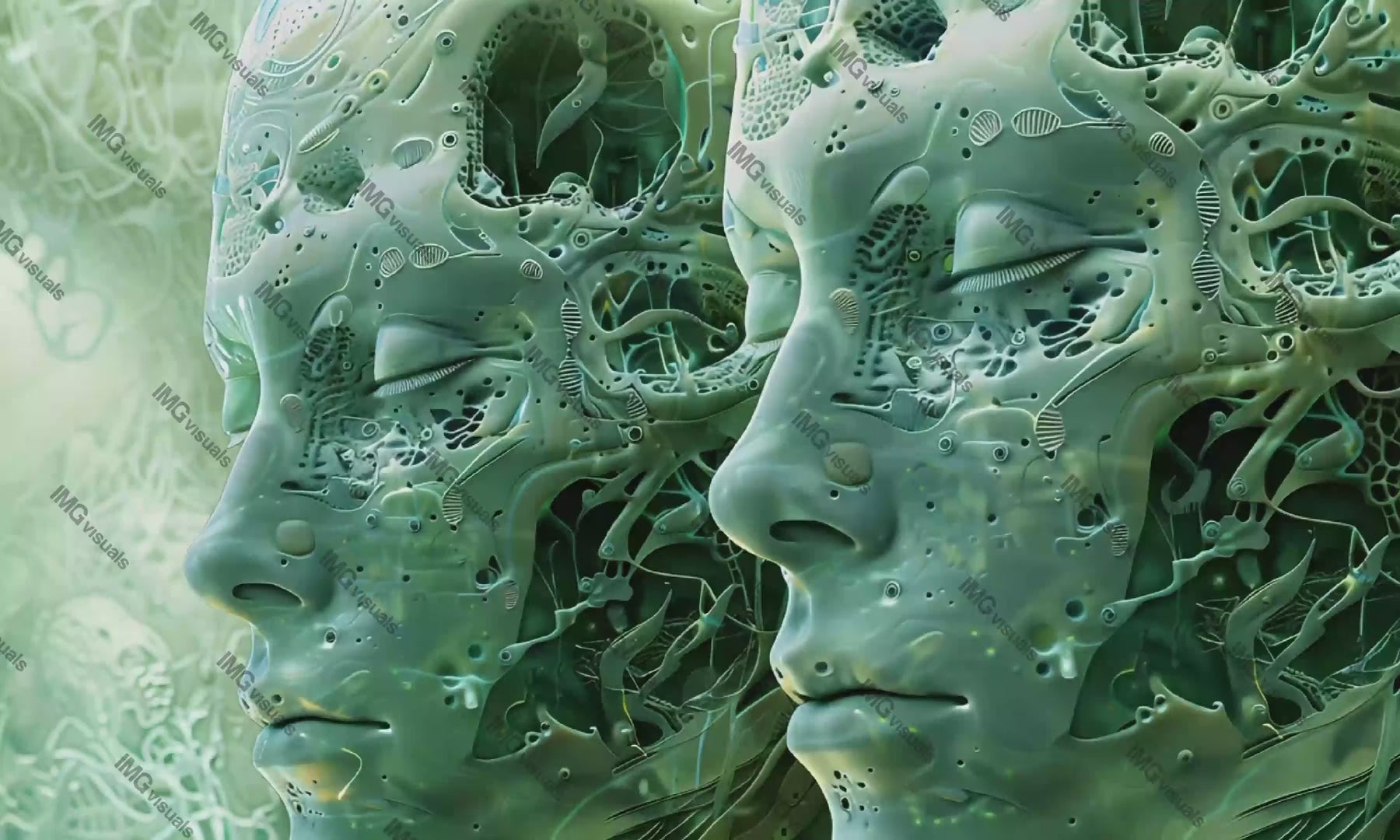 Surreal two faces interlaced with green organic textures video animation, ai generated. Biotechnological sculptures animated footage HD clip seamless motion graphics. Clone nature technology concept
