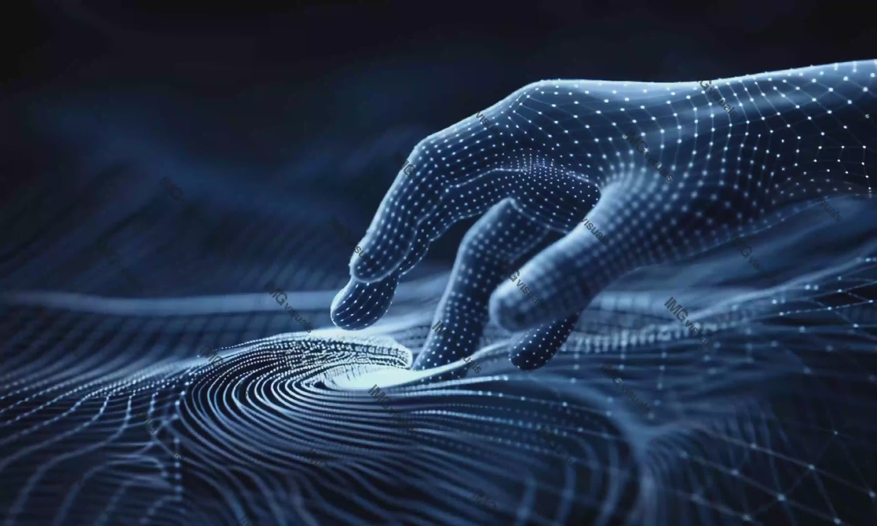 Hand interacts with digital mesh landscape video animation, ai generated. Creating waves across virtual network animated footage HD clip motion graphics. Innovation. Tactile technology concept