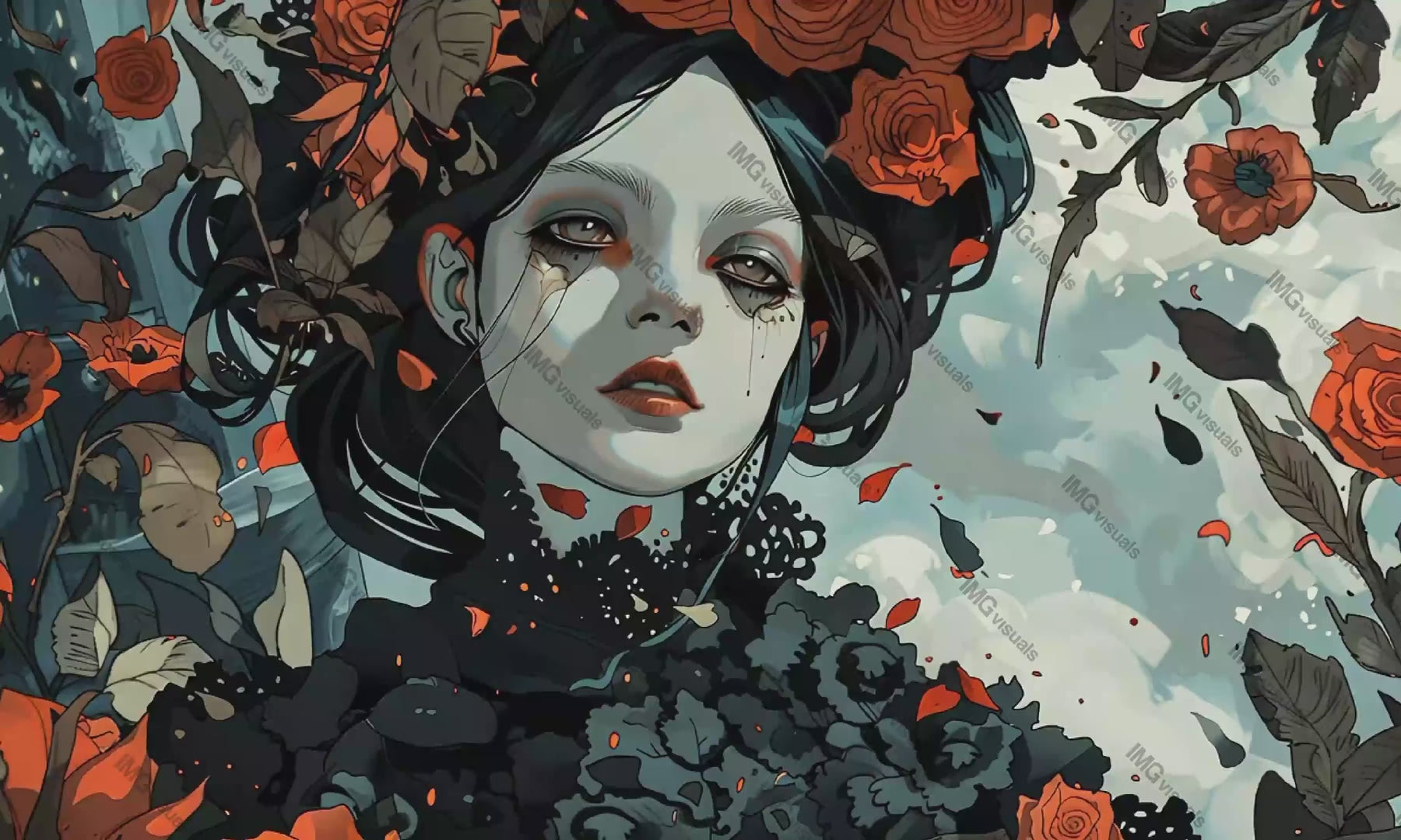 Gothic beauty among red roses video animation, ai generated. Porcelain doll in melancholy mood animated footage HD clip seamless motion graphics. Gothic fantasy. Dark aesthetics concept