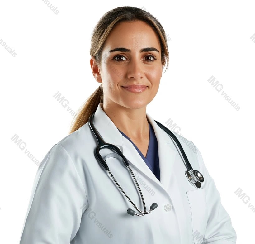 Professional caucasian female doctor with stethoscope image isolated transparent, ai generated. White coat general practitioner woman cut out photo png. Healthcare provider cutout photography