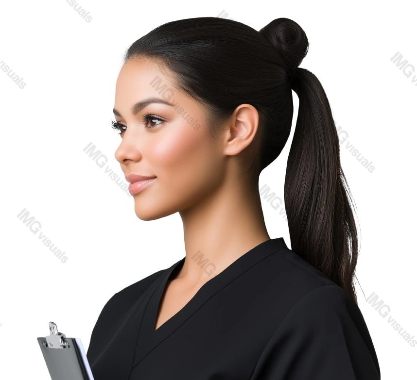 Profile view of young female nurse in black scrubs image isolated transparent, ai generated. Professional caregiver woman holding clipboard cut out photo png. Healthcare provider cutout photography