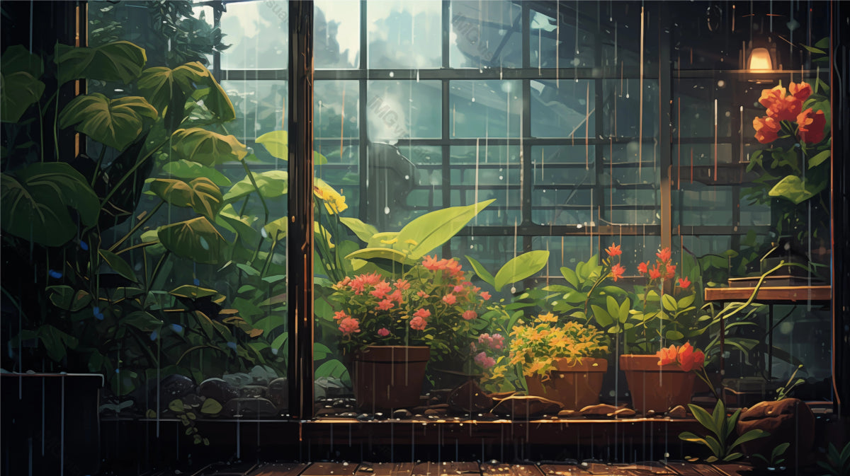 Rainy conservatory with vibrant plants through wet glass ai generated 2D cartoon illustration. Raindrops botanical scenery lofi wallpaper background lo-fi art. Window garden flat image cozy chill vibe