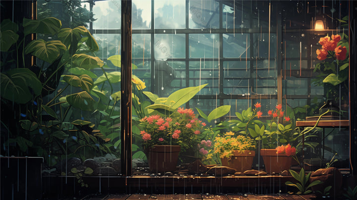 Rainy conservatory with vibrant plants through wet glass ai generated 2D cartoon illustration. Raindrops botanical scenery lofi wallpaper background lo-fi art. Window garden flat image cozy chill vibe