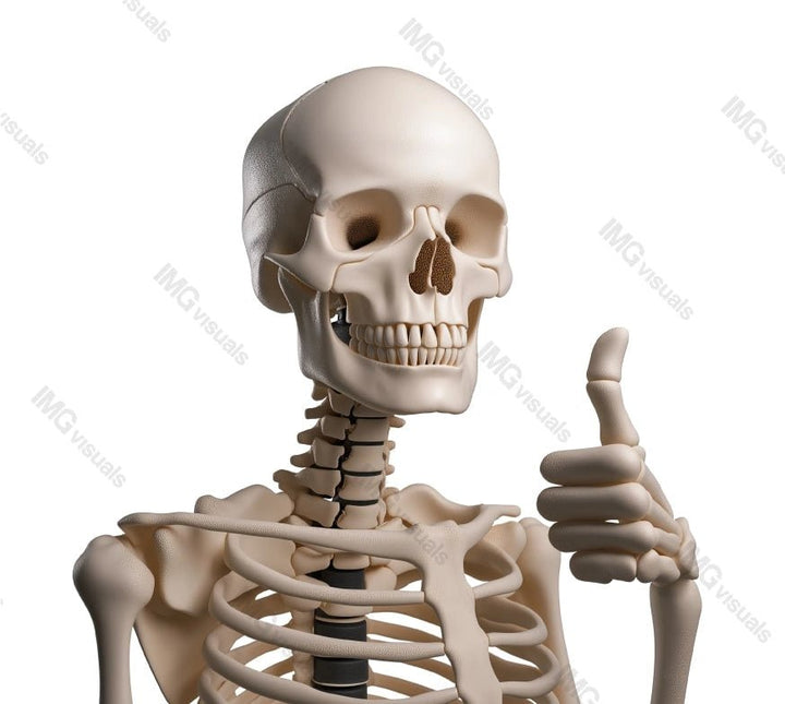 Realistic human skeleton giving thumb up transparent image, ai generated. Medical anatomy. Humorous anatomical model isolated cutout 3d render. Skeletal gesture cut out clipart design element png