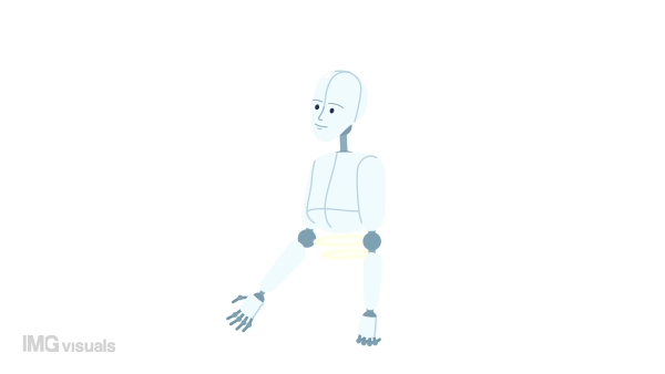 Animated half body robot gesturing. Robotic arms. Interact with artificial intelligence. Flat character animation white background with alpha channel transparency. Color cartoon style 4K video footage
