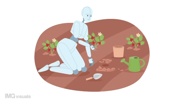 Animated horticultural AI. Autonomous control system in greenhouse. 2D cartoon flat character 4K video footage on white with alpha channel transparency. Concept animation for web design