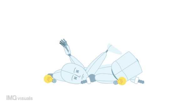 Animated malfunctioned robot. Broken ai machine. Crashed mechanical device. Flat character animation white background with alpha channel transparency. Color cartoon style 4K video footage