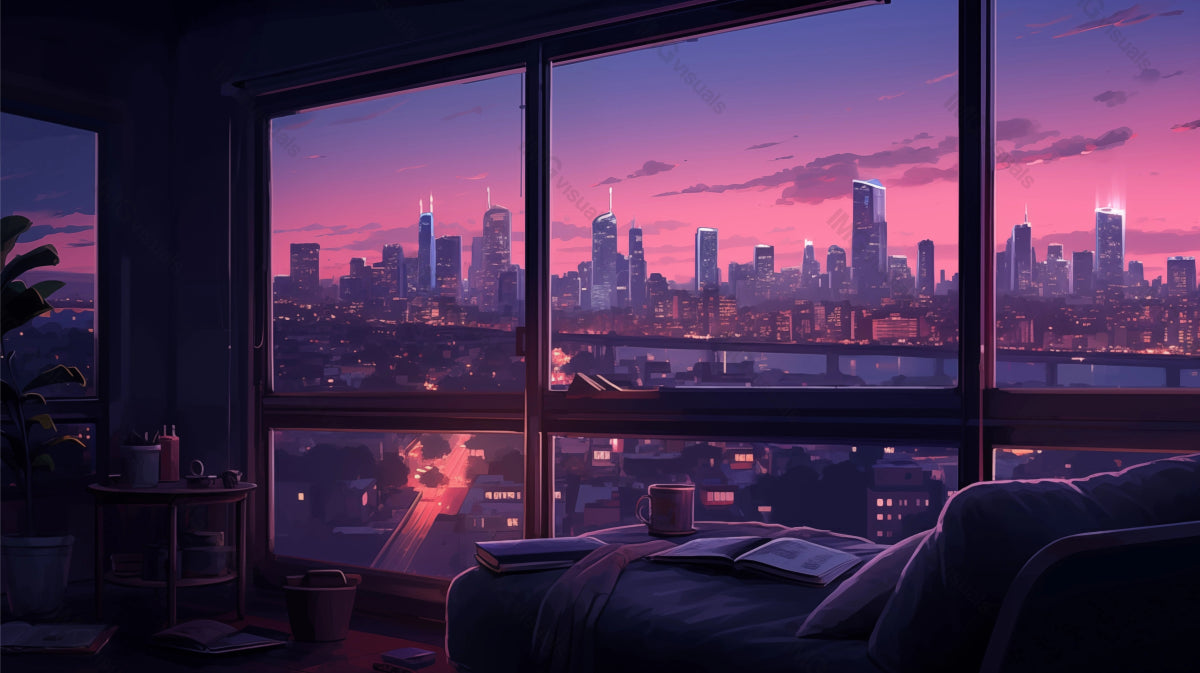 Room with view of vibrant city skyline at dusk ai generated 2D cartoon illustration. Skyscrapers under pink-hued sky lofi wallpaper background lo-fi art. Urban panorama window flat image chill vibe