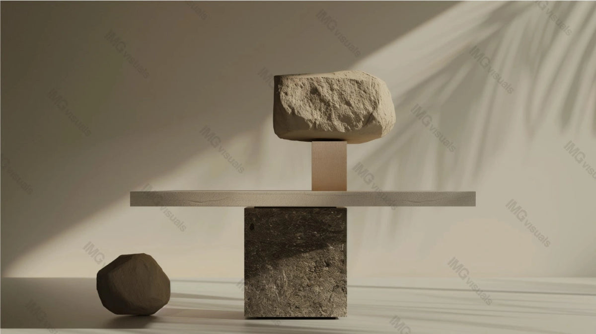 Rough stone balanced on wooden column atop rectangular table podium, ai generated. Minimalist composition. Soft leaf shadows. Empty showcase background. Branding presentation product display design