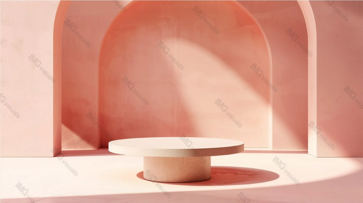 Round pedestal podium mockup placed in peach color room with arched walls, ai generated. Soft natural light and smooth textures showcase background. Artistic presentation product display design