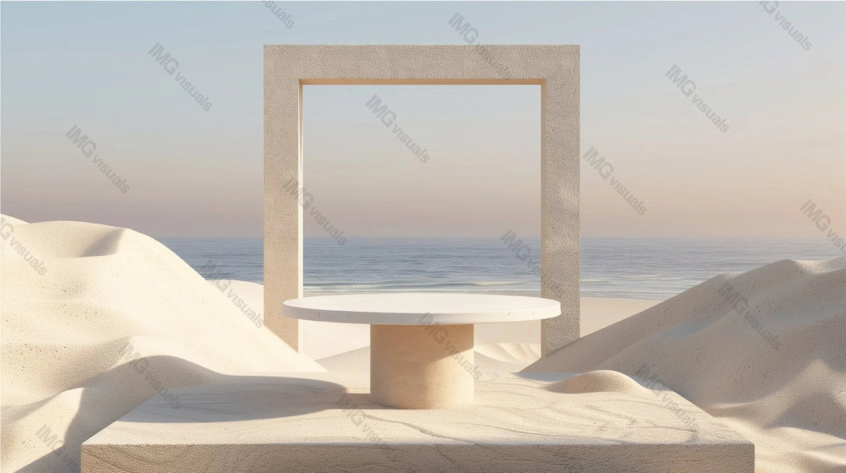 Round table framed by large square structure on sandy dunes by ocean, ai generated. Tranquil and balanced aesthetic. Empty showcase background. Branding presentation product display design