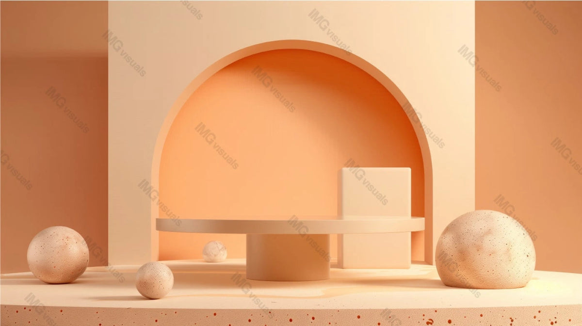 Round table in orange toned room with arched geometric shapes, ai generated. Scattered round stones, soft shadows. Empty showcase background. Branding presentation product display design
