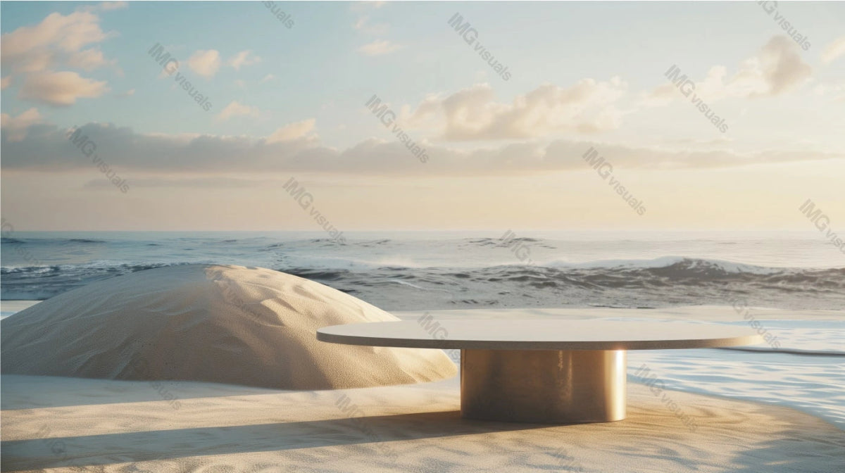 Round table pedestal podium mockup set on sandy beach during sunset, ai generated. Gentle waves, clear sky. Empty showcase background. Tranquility, calm. Branding presentation product display design