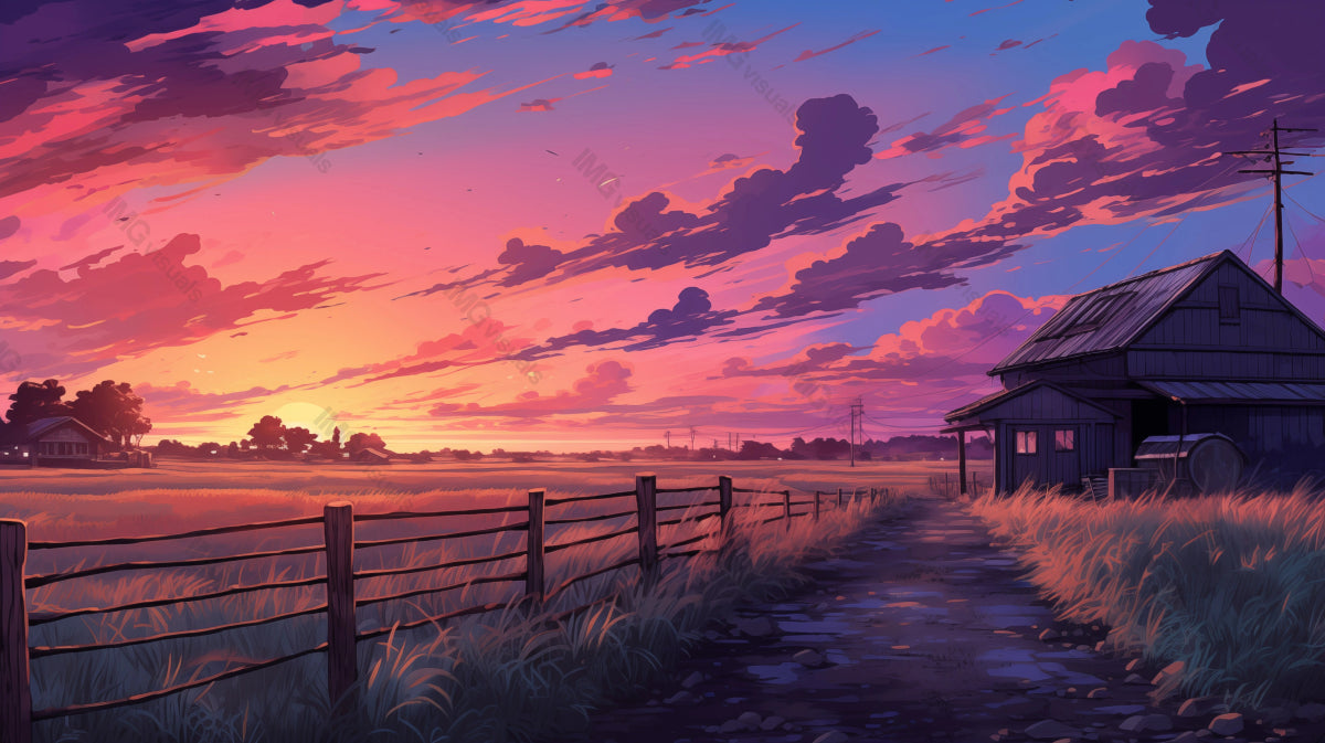 Rustic farmhouse under striking sunset sky ai generated 2D cartoon illustration. Picturesque farm beside grassland lofi wallpaper background lo-fi art. Pastoral vibrant dusk flat image cozy chill vibe