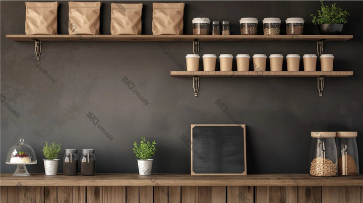 Rustic kitchen shelf setup with brown paper bags, takeaway cups mockup, ai generated. Potted plants, glass jars. Coffeeshop counter template advertising image. Coffee shop interior mock up realistic