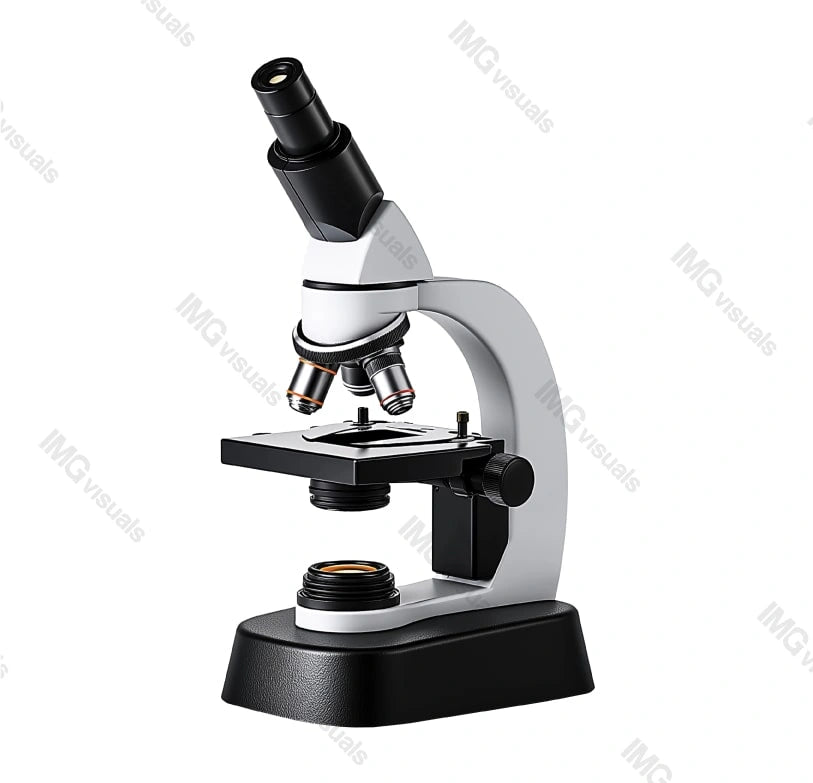Scientific laboratory microscope in three-quarter image isolated transparent, ai generated. Sample analysis lab equipment cut out photo png. Medical research. Optical instrument cutout photography