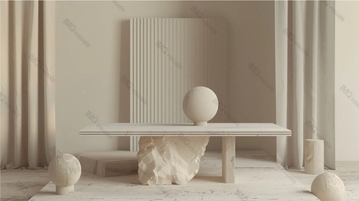 Sculptural table with abstract stone base and smooth rectangular top, ai generated. Soft neutral tones with curtains. Empty showcase background. Branding presentation product display design