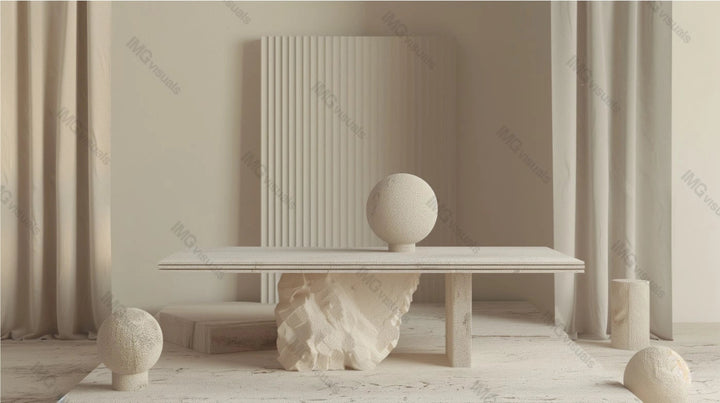 Sculptural table with abstract stone base and smooth rectangular top, ai generated. Soft neutral tones with curtains. Empty showcase background. Branding presentation product display design