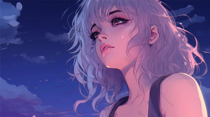 Serene anime girl with clouds above ai generated 2D cartoon illustration. Thoughtful solitude lofi wallpaper background lo-fi art. Female with soft features against dusk sky flat image cozy chill vibe