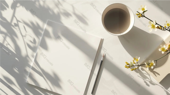 Serene flat lay of blank canvas mockup with pencil, coffee cup, flowering branch, ai generated. Sketchbook template advertising image. Arranged on white surface with soft shadows mock up realistic