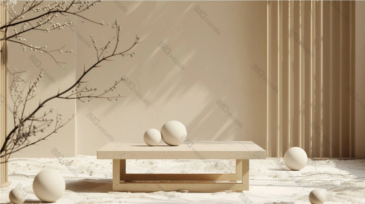 Serene minimalistic pedestal podium mockup, ai generated. Low wooden table with two spherical objects on top. Soft beige with shadows. Empty showcase background. Presentation product display design