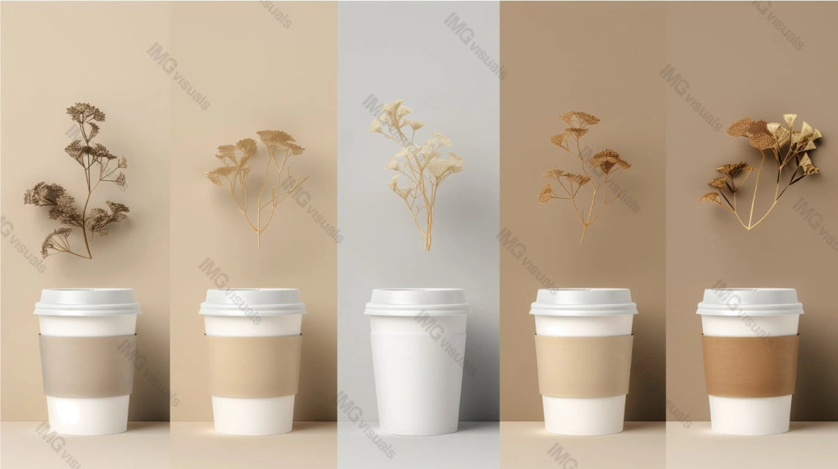 Series of coffee cups mockup with sleeves displayed dried botanical, ai generated. Natural theme. Coffeecups template advertising image. Beige, gray takeaway beverages mock up products photorealistic