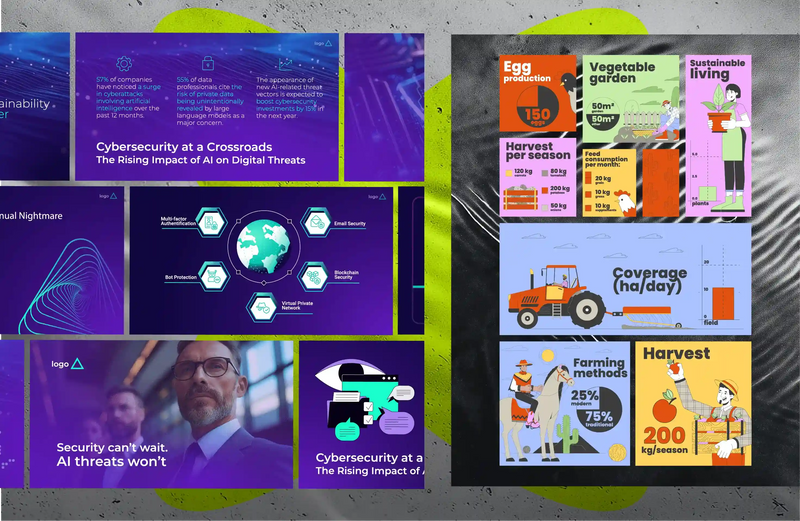 Infographic slides on cybersecurity and farming with custom icons, charts and diagrams, by IMG Visuals