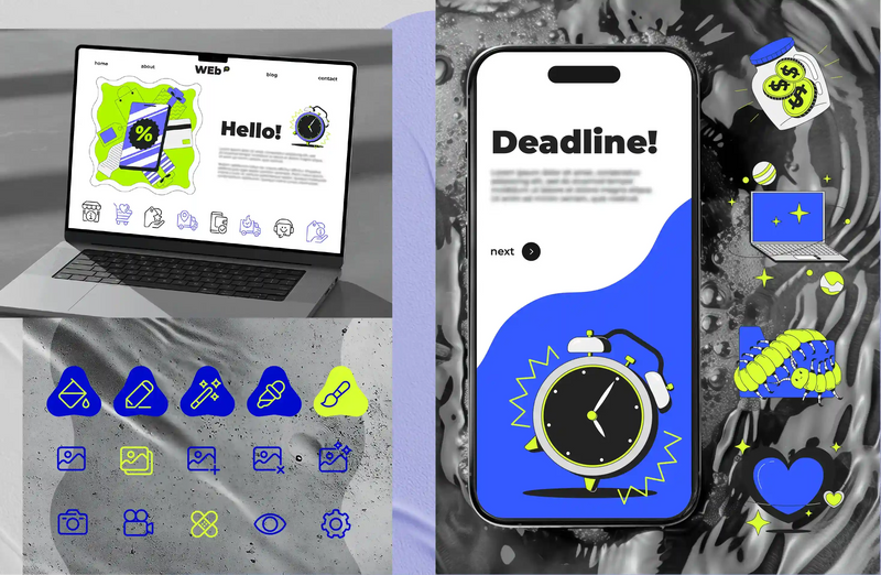 Custom blue and lime icon set and character illustrations on a website and mobile app screens, by IMG Visuals