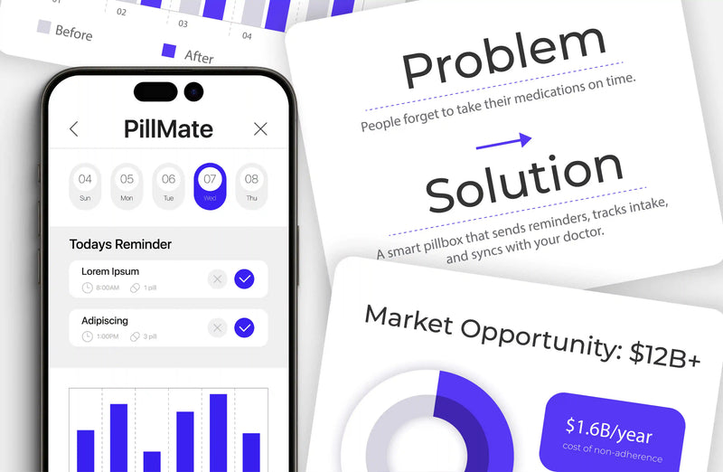 Pitch deck for a health app with Problem, Solution and Market Opportunity slides, by IMG Visuals