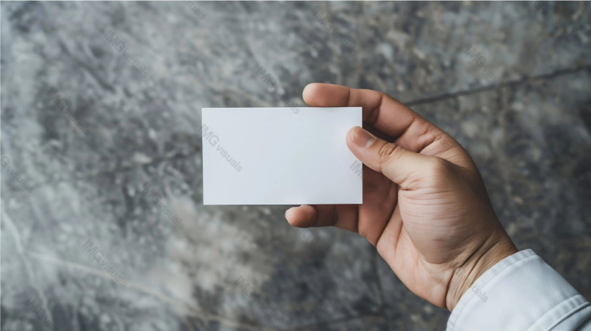 Shirt hand holding white business card mockup against marbled background, ai generated. Manager introduction. Businesscard template advertising image. Professional mock up product photorealistic