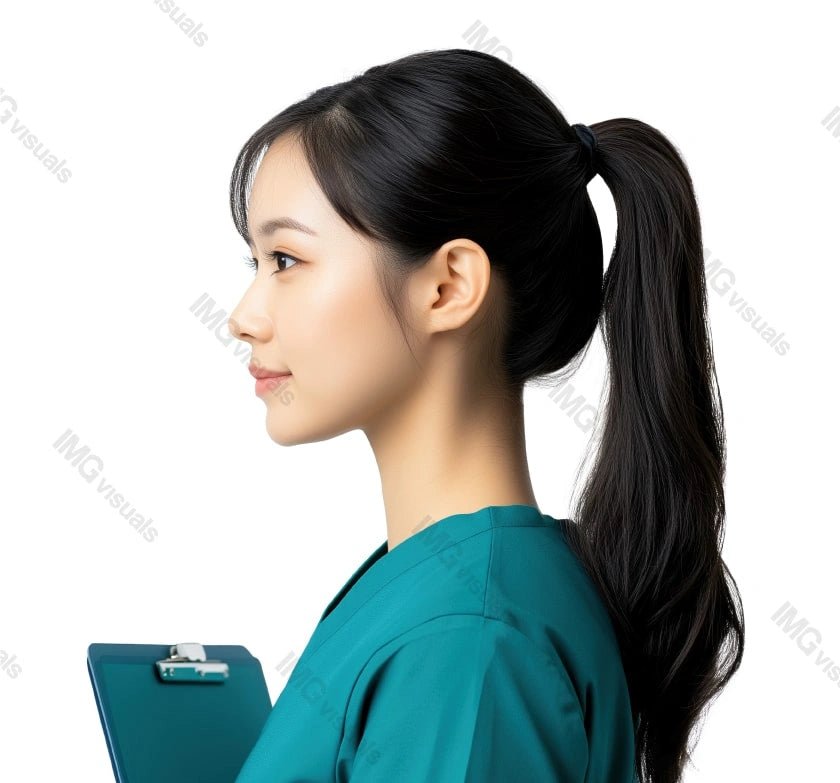 Side profile of nurse with ponytail in green scrubs image isolated transparent, ai generated. Hospital worker woman caregiver clipboard cut out photo png. Healthcare provider cutout photography