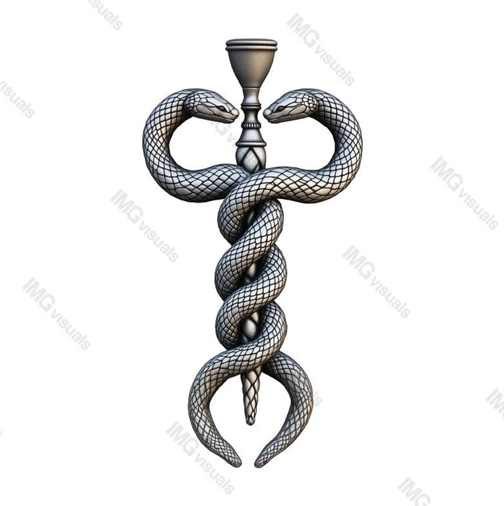 Silver caduceus paramedic healthcare symbol transparent image, ai generated. Snakes winding around Hermes staff chalice isolated cutout 3d render. Medical insignia cut out clipart design element png
