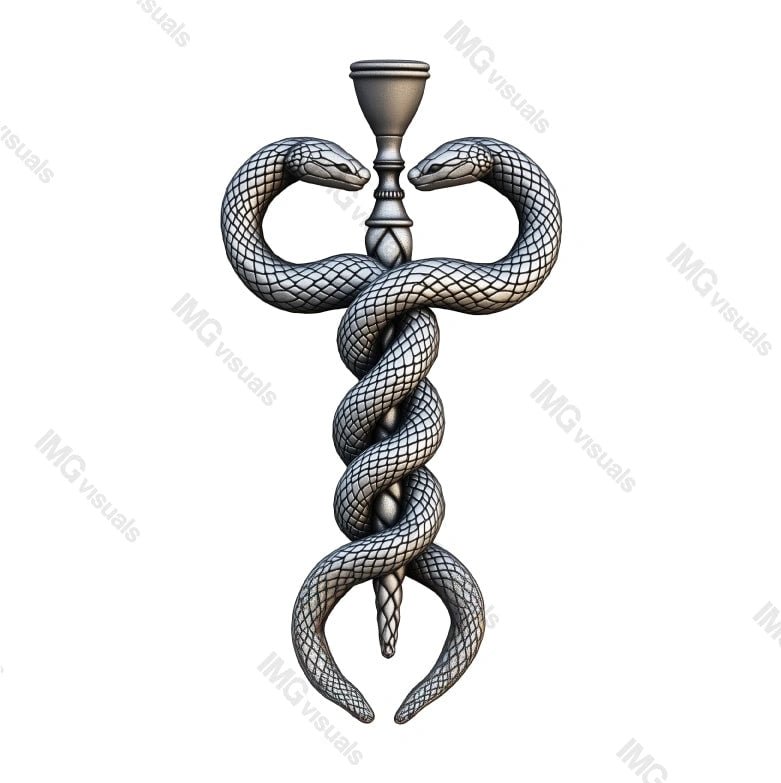 Silver caduceus paramedic healthcare symbol transparent image, ai generated. Snakes winding around Hermes staff chalice isolated cutout 3d render. Medical insignia cut out clipart design element png