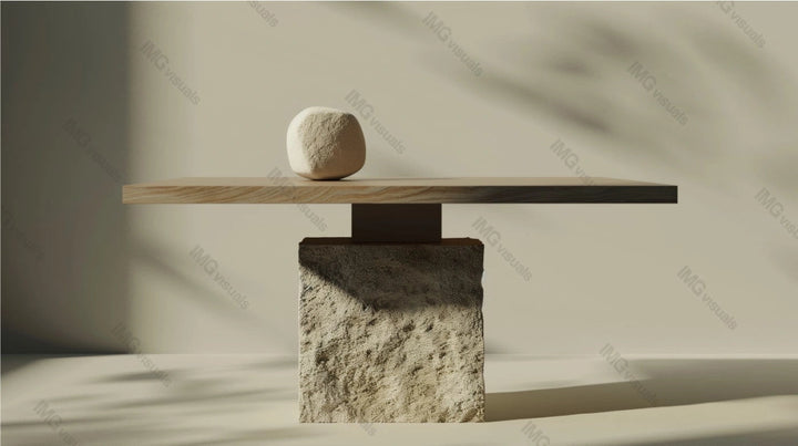 Simple wooden table with boulder base and single rounded stone on top, ai generated. Serene balanced atmosphere. Abstract minimalist scene. Showcase background. Branding presentation display design