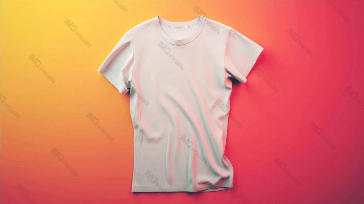 Single white t-shirt mockup against yellow red gradient background, ai generated. Tshirt soft wrinkles template advertising image. Casual simplicity. Apparel mock up product photorealistic