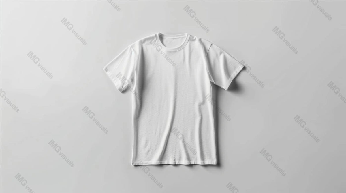 Single white t-shirt mockup lies flat against light grey background, ai generated. Cotton texture and simplicity of tshirt template advertising image. Apparel mock up product photorealistic