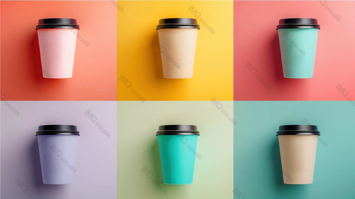 Six coffee cups mockup with black lids in vibrant colors, ai generated. Coffeecups template advertising image. Energetic arrangement. Coffeeshop takeaway beverages mock up products photorealistic