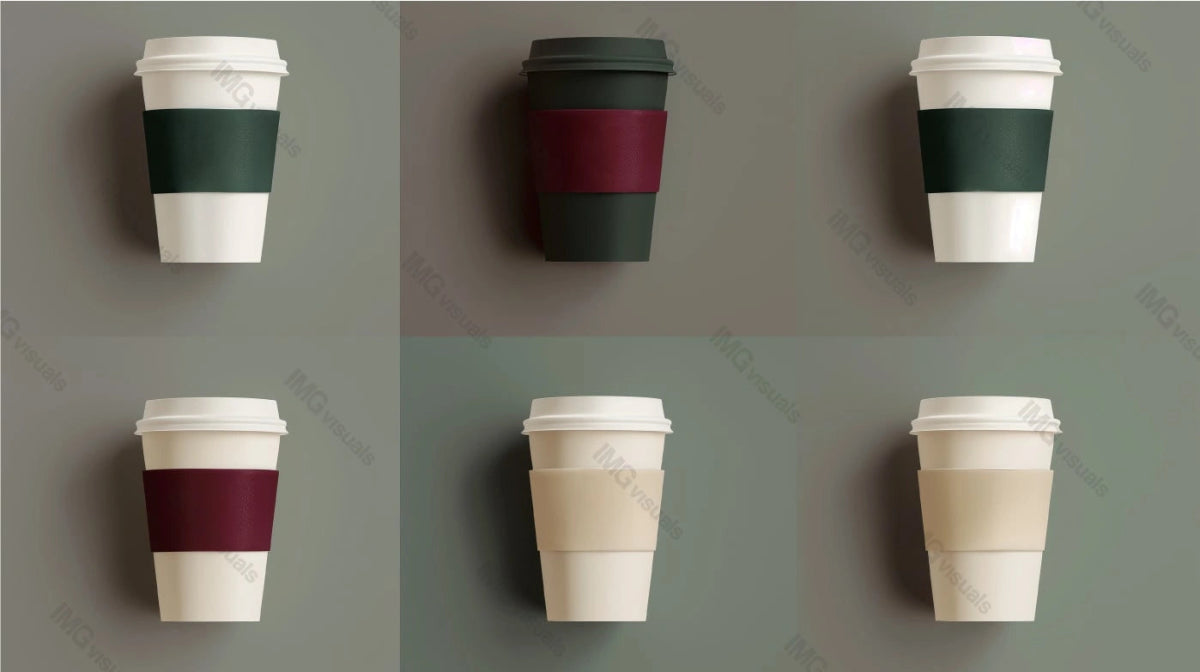 Six coffee cups mockup with lids and muted colored sleeves, ai generated. Sophisticated and minimal design. Coffeecups template advertising image. Coffeeshop takeaway beverages mock up photorealistic